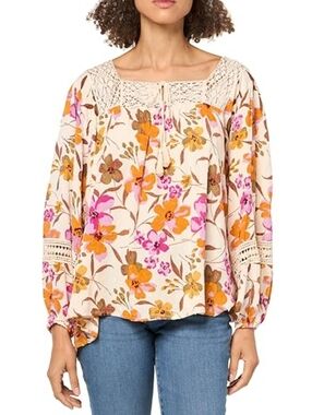 Angie Boho Floral Peasant Top - Cream And Pink Floral Medium
